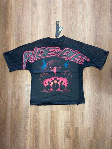 MEN BLACK RIDE OR DIE RHINESTONE FRENCH TERRY CROP TEE