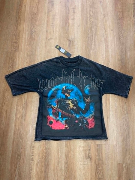 MEN BACK WASH WORLD TOUR RHINESTONE FRENCH TERRY CROP TEE