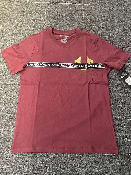 Men Burgundy True Religion with Stitched in Black/ Silver Strip Tee