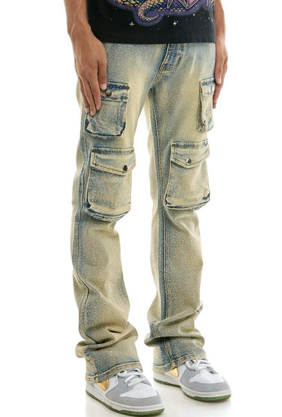 MEN KNDK BLUE CARGO RHINESTONE FLARE JEANS