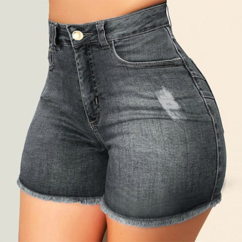 Women black High elastic perforated denim shorts