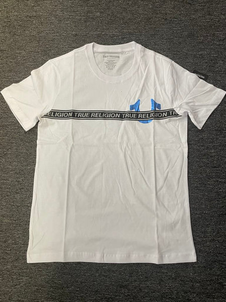 Men White True Religion with Stitched in Red Black Strip Tee