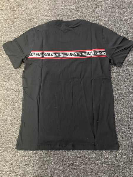 Men Black True Religion with Stitched in Red Black Strip Tee