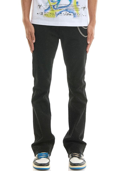 MEN KNDK BLACK TWILL RHINESTONE WITH CHAIN FLARE PANTS