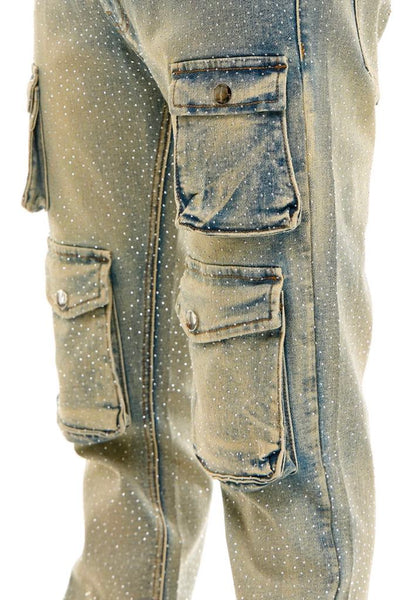 MEN KNDK BLUE CARGO RHINESTONE FLARE JEANS