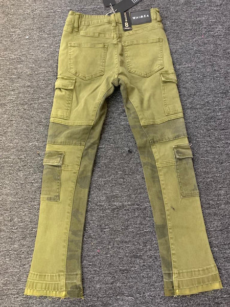 Kids Olive Green Cargo Stack Jeans