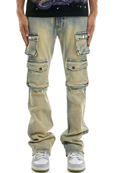 MEN KNDK BLUE CARGO RHINESTONE FLARE JEANS