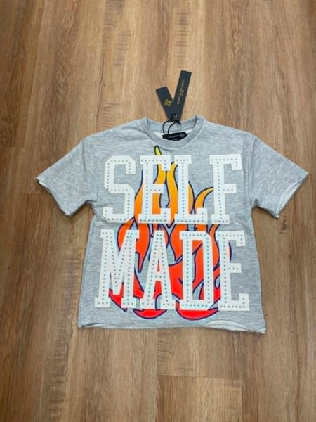 BOYS GREY STUDDED SELF MADE CROP TEE