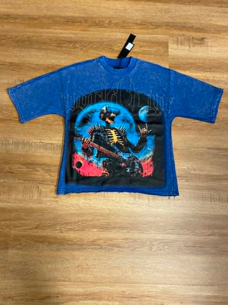 MEN BLUE WASH WORLD TOUR RHINESTONE FRENCH TERRY CROP TEE