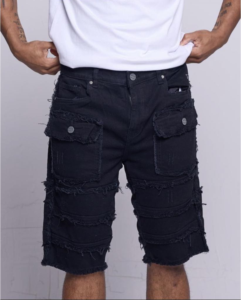 MEN JET BLACK PATCHWORK DENIM SHORT