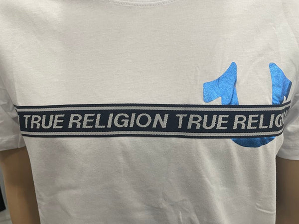 Men White True Religion with Stitched in Red Black Strip Tee