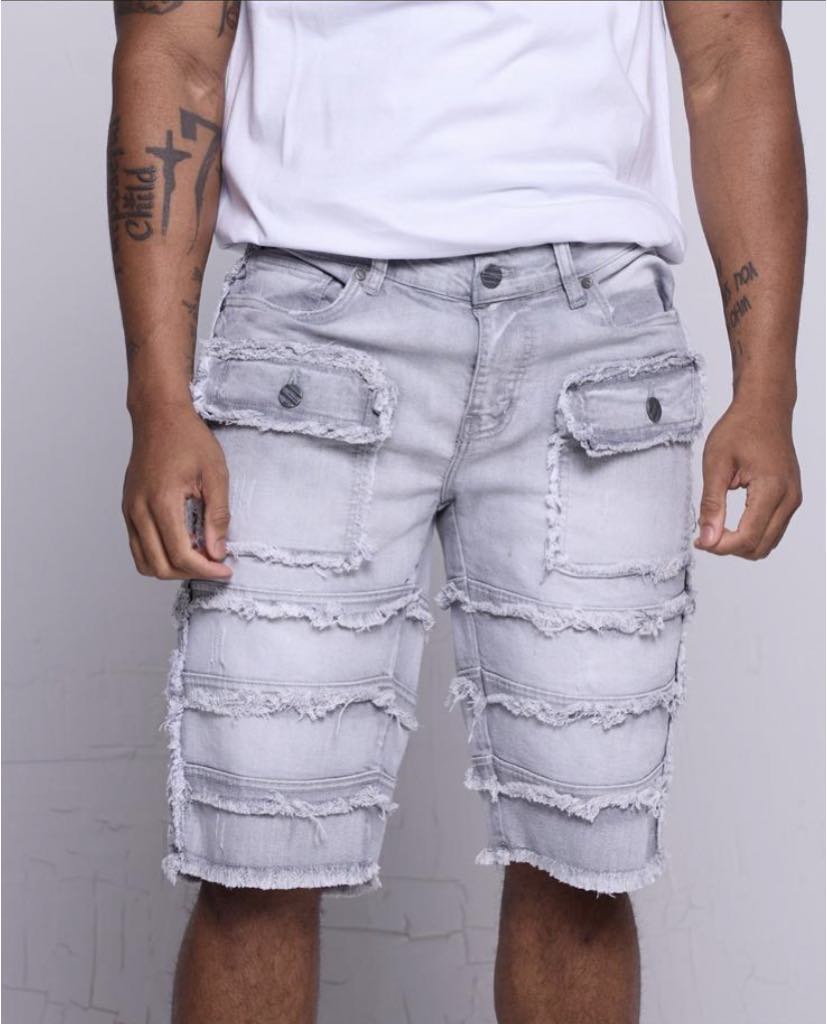 MEN GREY PATCHWORK DENIM SHORT