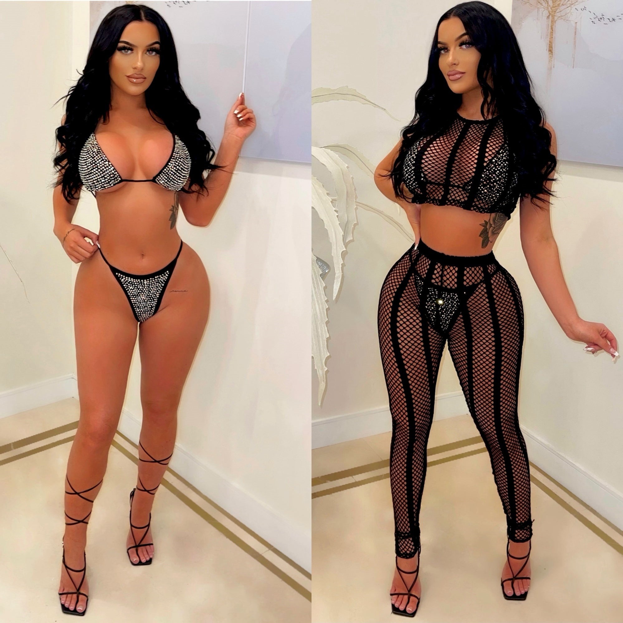 Black Hot drill elastic large mesh bikini four piece set