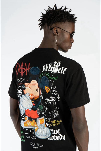Men Black Cash Mouse Left Point Rhinestone Tee