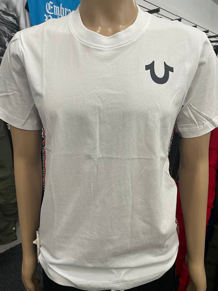Men White True Religion with Stitched in Red/ Black Side Strip Tee