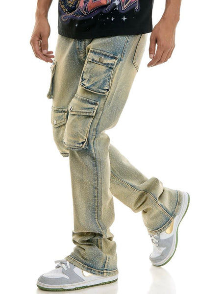 MEN KNDK BLUE CARGO RHINESTONE FLARE JEANS