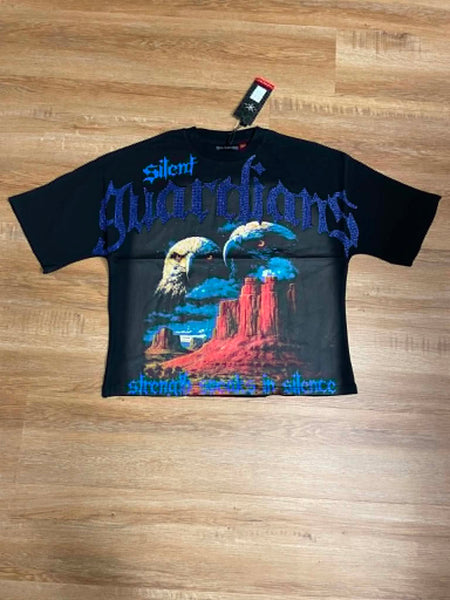 MEN BLACK GUARDIAN RHINESTON DIGITAL PRINT CROP TEE