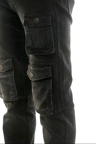 MEN KNDK BLACK CARGO RHINESTONE FLARE PANTS