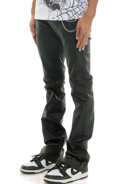 MEN KNDK BLACK WAXED RHINESTONE WITH CHAIN FLARE PANTS