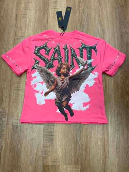 BOYS PINK PROTECTED BY FAITH STUDDED CROP TEE