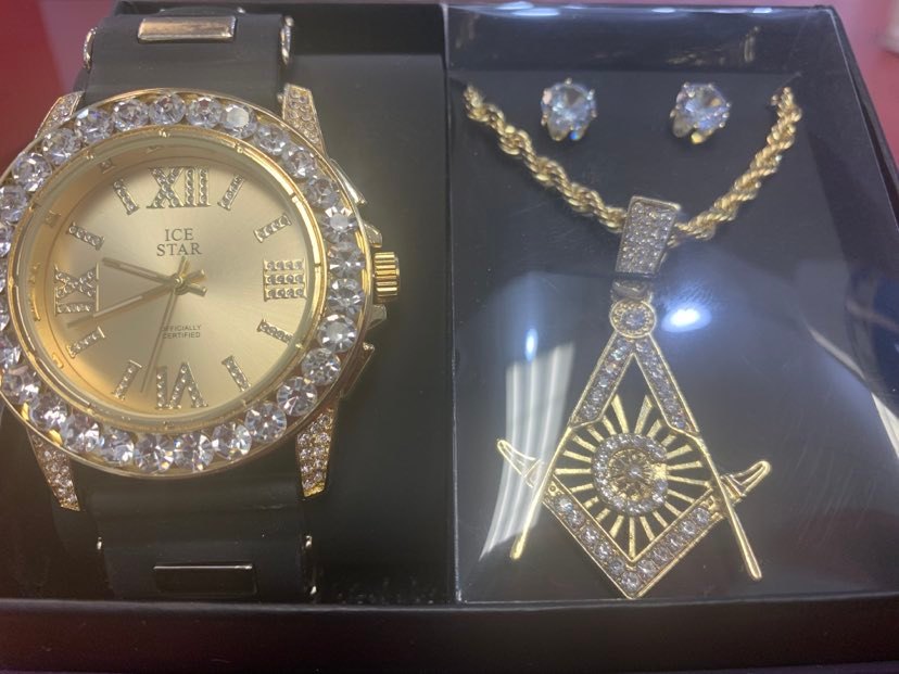 MEN BLACK ICED OUT WATCH STUD EARING AND MASON CHAIN SET