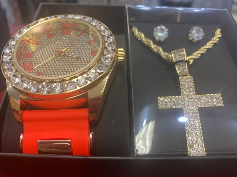 MEN RED ICED OUT WATCH STUD EARING AND CROSS CHAIN SET