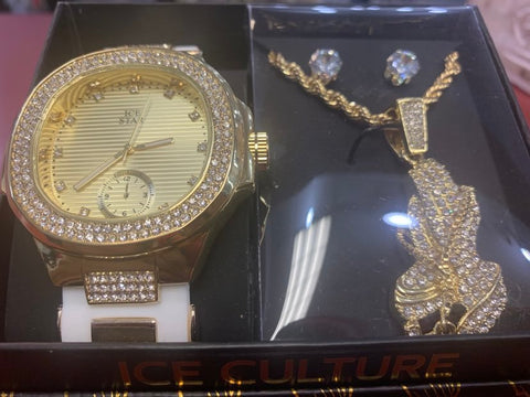 MEN WHITE ICED OUT WATCH STUD EARING AND PRAYING HANDS CHAIN SET