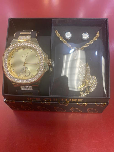 MEN BLACK ICED OUT WATCH STUD EARING AND PRAYING HANDS CHAIN SET