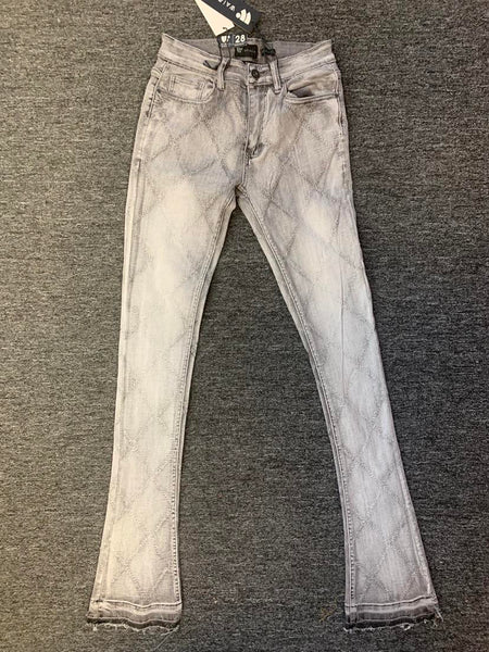 MEN GRAY DIAMOND STICTHED STACK DENIM JEANS