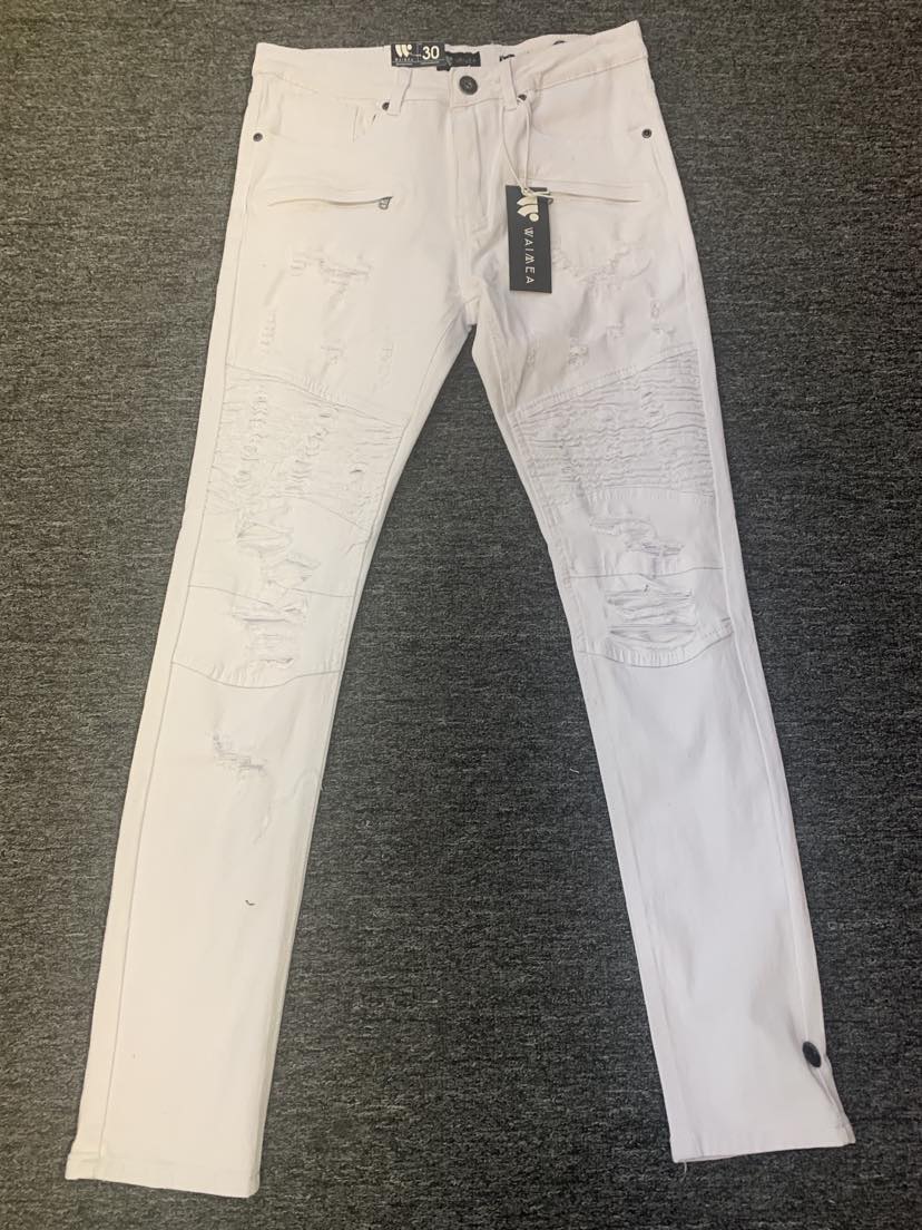 MEN WHITE ZIPPER POCKET DISTRESS TWILL PANTS