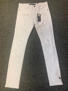 MEN WHITE ZIPPER POCKET DISTRESS TWILL PANTS