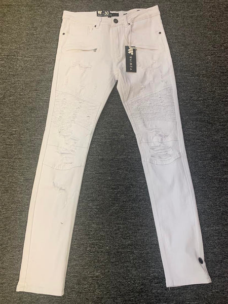 MEN WHITE ZIPPER POCKET DISTRESS TWILL PANTS