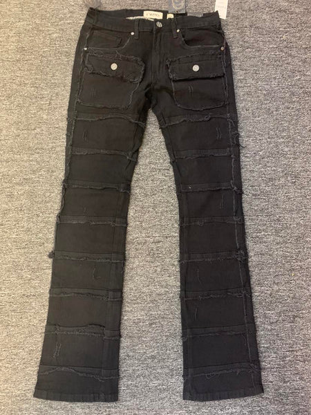 MEN BLACK PATCHWORK FRONT POCKET TRUE STACK DENIM JEANS