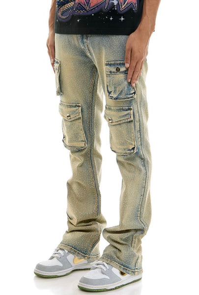 MEN KNDK BLUE CARGO RHINESTONE FLARE JEANS