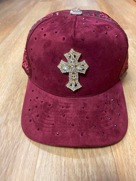 UNISEX BURGANDY 3D METAL CROSS LOGO RHINESTONE SNAPBACK