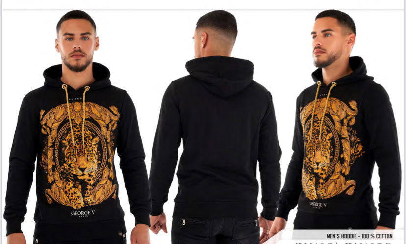 MEN BLACK GEORGE V GOLD FRAMED TIGER GLITTERY HOODIE