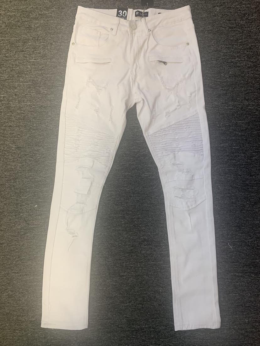 MEN WHITE SIDE ZIPPER SKINNY FIT DESTORYED TWILL PANTS