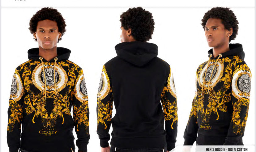 MEN GEORGE V BLACK/ SILVER/ GOLD LION HEAD GLITTERY HOODIE