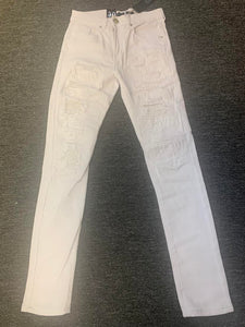 MEN WHITE SKINNY FIT DESTORYED TWILL PANTS