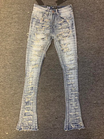 MEN VINTAGE WASH LAZOR CUT STACK DENIM JEANS