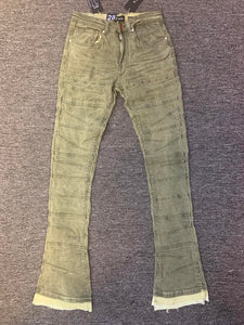 MEN OLIVE CRISS CROSSED STITCHING STACK DENIM JEANS