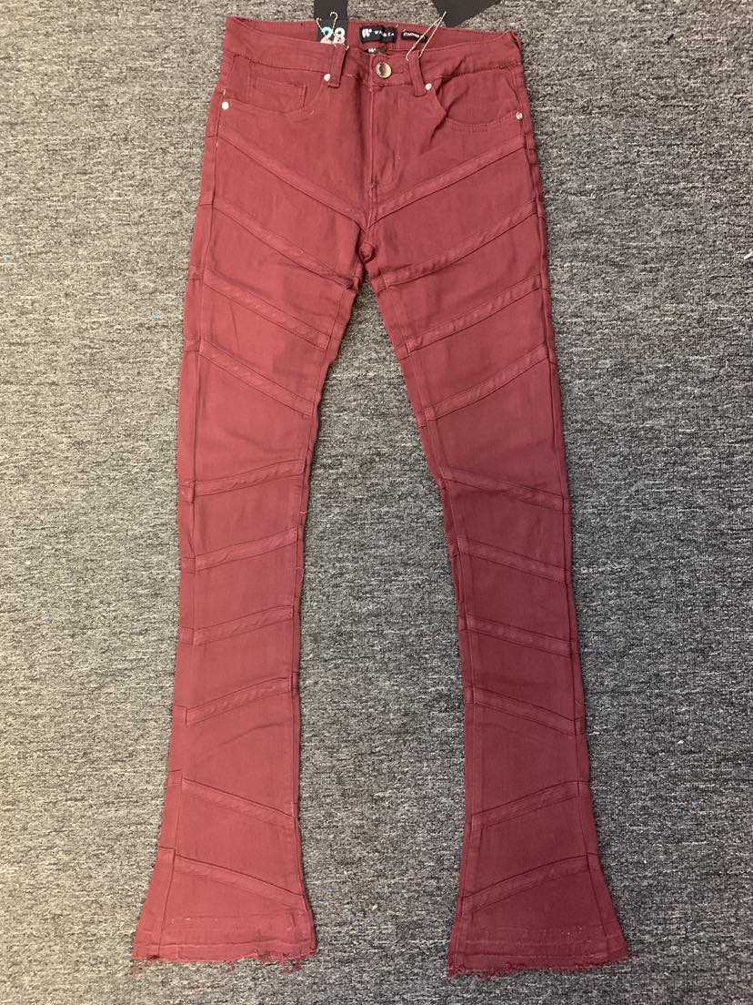 MEN BURGANDY DIAGONALLY LINE STACK DENIM JEANS