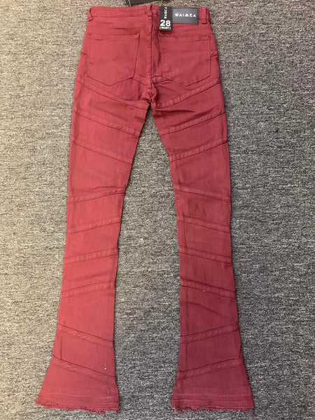 MEN BURGANDY DIAGONALLY LINE STACK DENIM JEANS