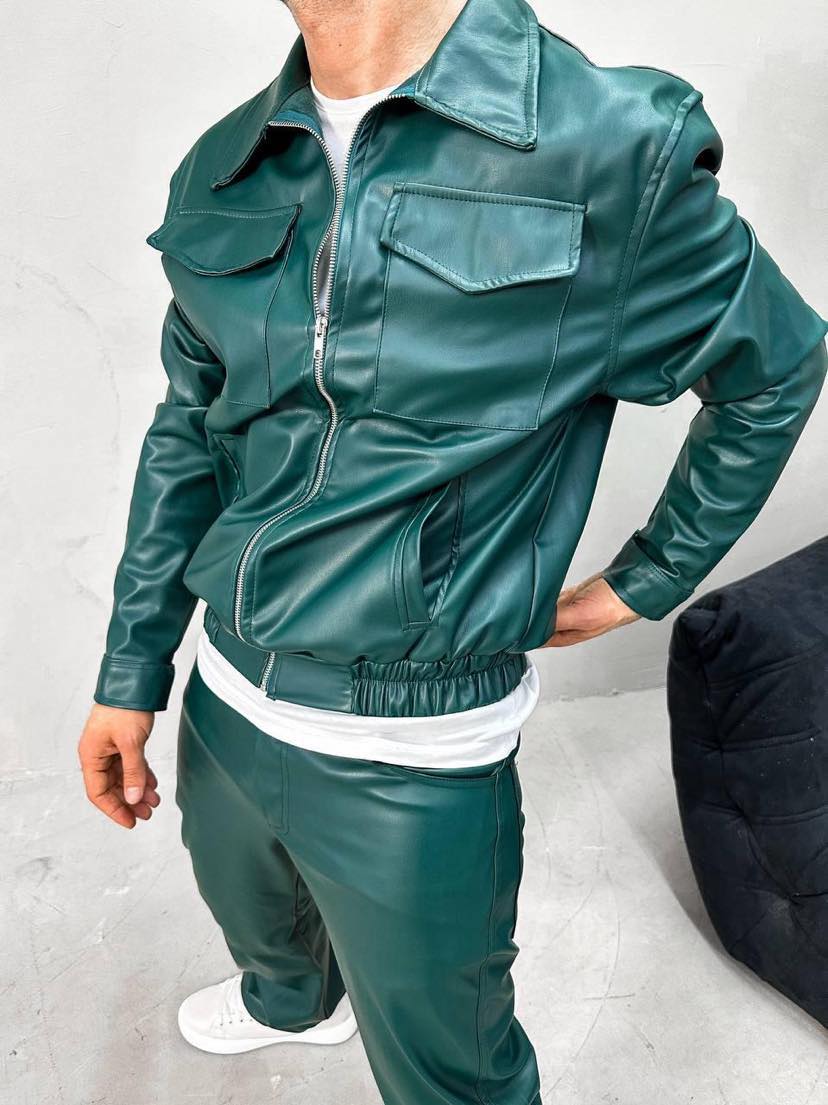 MEN LIGHT GREEN FAUX LEATHER SET