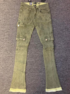 MEN OLIVE GREEN SIDE POCKET CARGO STACK JEANS