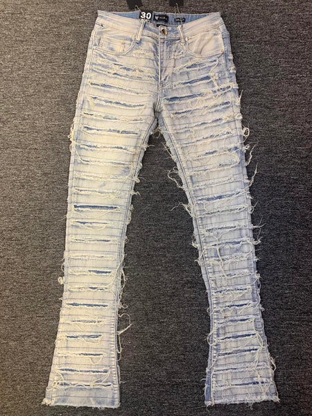 MEN BLUE WASH SUPER DAMAGED STACK DENIM JEANS