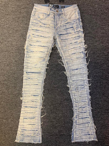 MEN BLUE WASH SUPER DAMAGED STACK DENIM JEANS