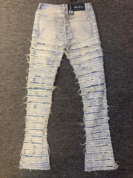 MEN BLUE WASH SUPER DAMAGED STACK DENIM JEANS