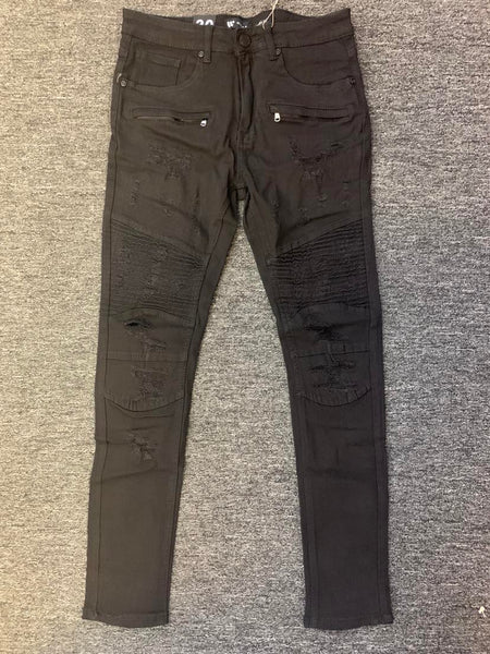 MEN BLACK DAMAGED DOUBLE ZIPPER POCKETS TWILL PANTS