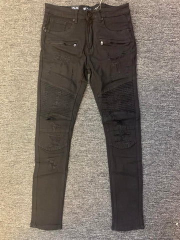 MEN BLACK DAMAGED DOUBLE ZIPPER POCKETS TWILL PANTS